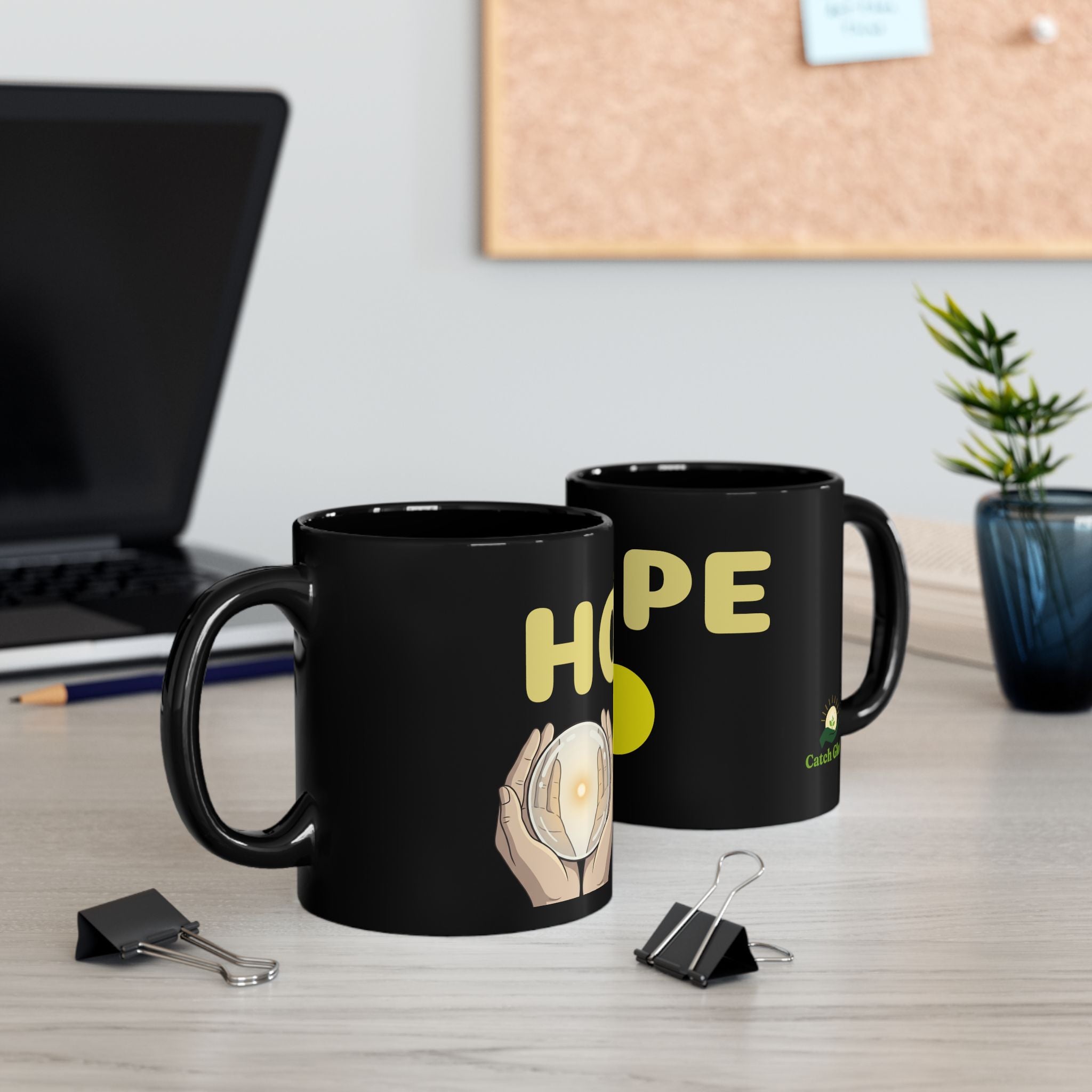 Catch Glow- "Hope" Crystal Ball Black Coffee Mug — Inspirational 'Hope' Design, 11oz